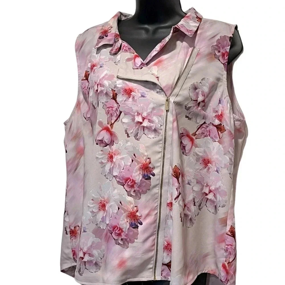 Calvin Klein Asymmetrical Zip Floral Sleeveless Blouse Pink Gray Womens size XL